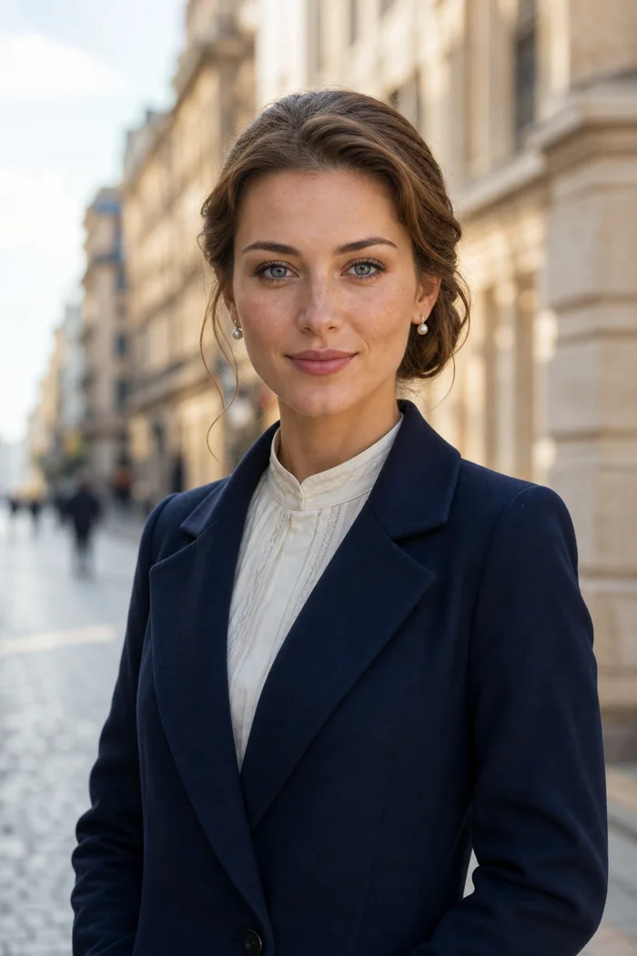 Portrait généré par IA d'une femme au chignon bas et au manteau bleu marine, dans une rue ancienne floutée, ne représente pas une personne réelle