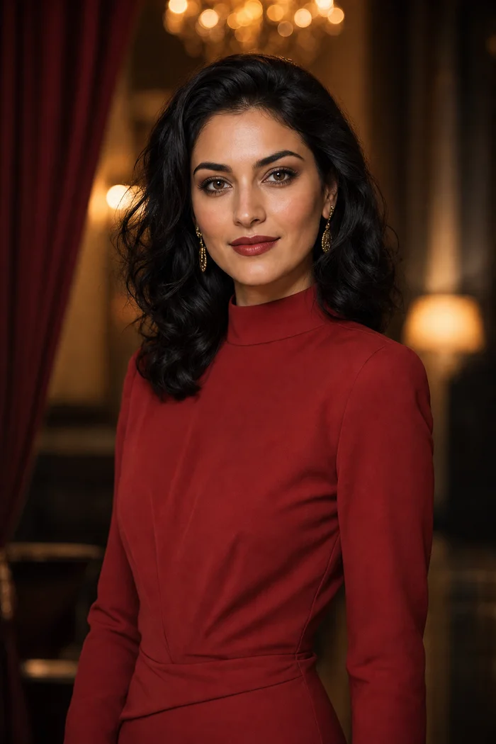 Portrait généré par IA d'une femme aux cheveux noirs ondulés et à la robe rouge montante, devant des lumières chaudes, ne représente pas une personne réelle