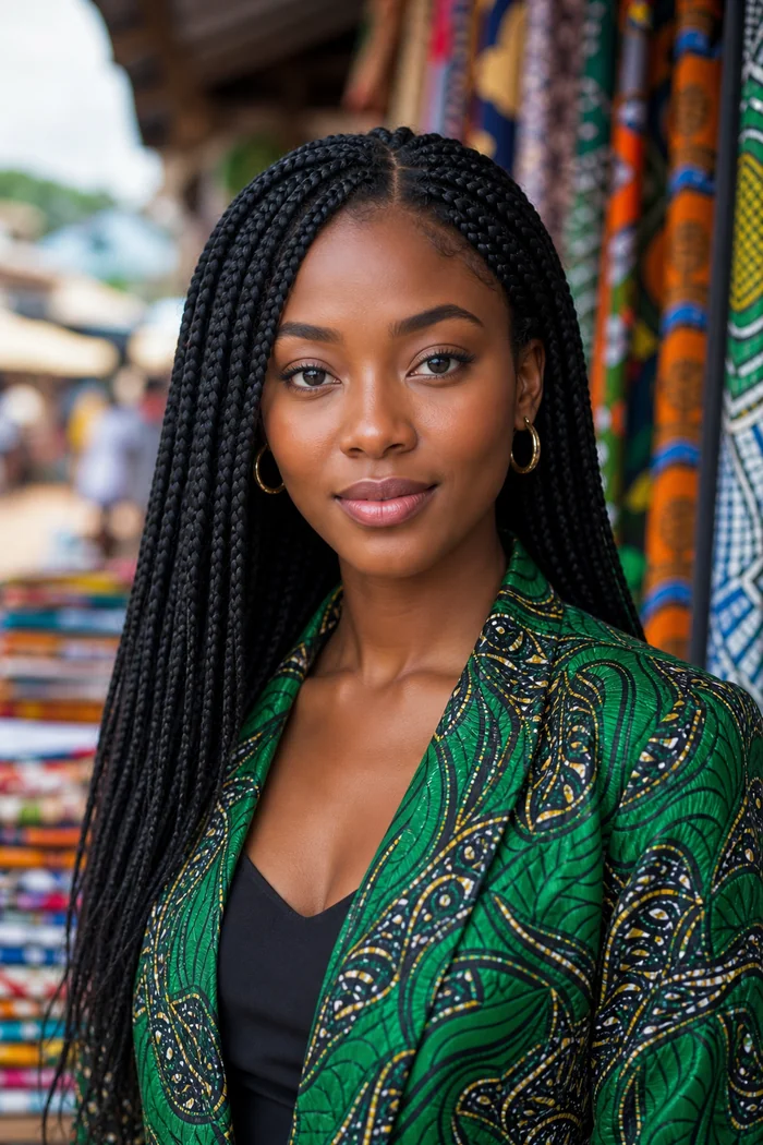 Portrait IA d'une femme fictive aux longues tresses, veste wax verte et etals de tissus colores a Douala