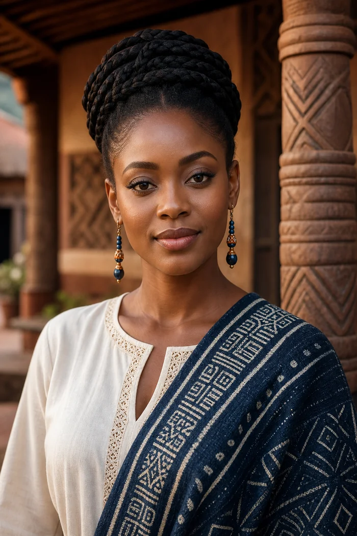 Portrait IA d'une femme fictive avec chignon tresse, chale ndop indigo et colonnes sculptees de chefferie