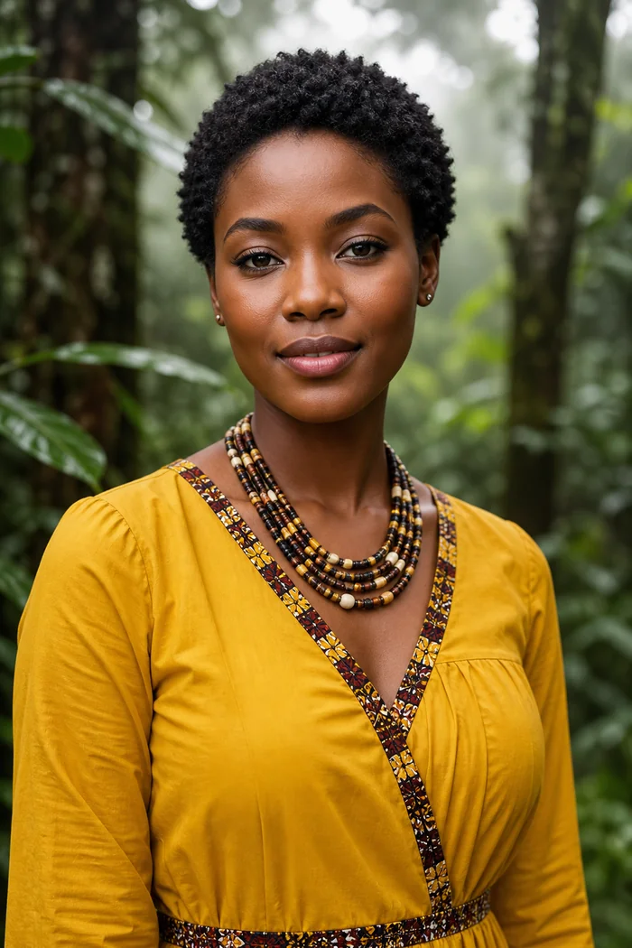 Portrait IA d'une femme fictive aux cheveux naturels courts, robe moutarde et collier de perles devant une foret tropicale