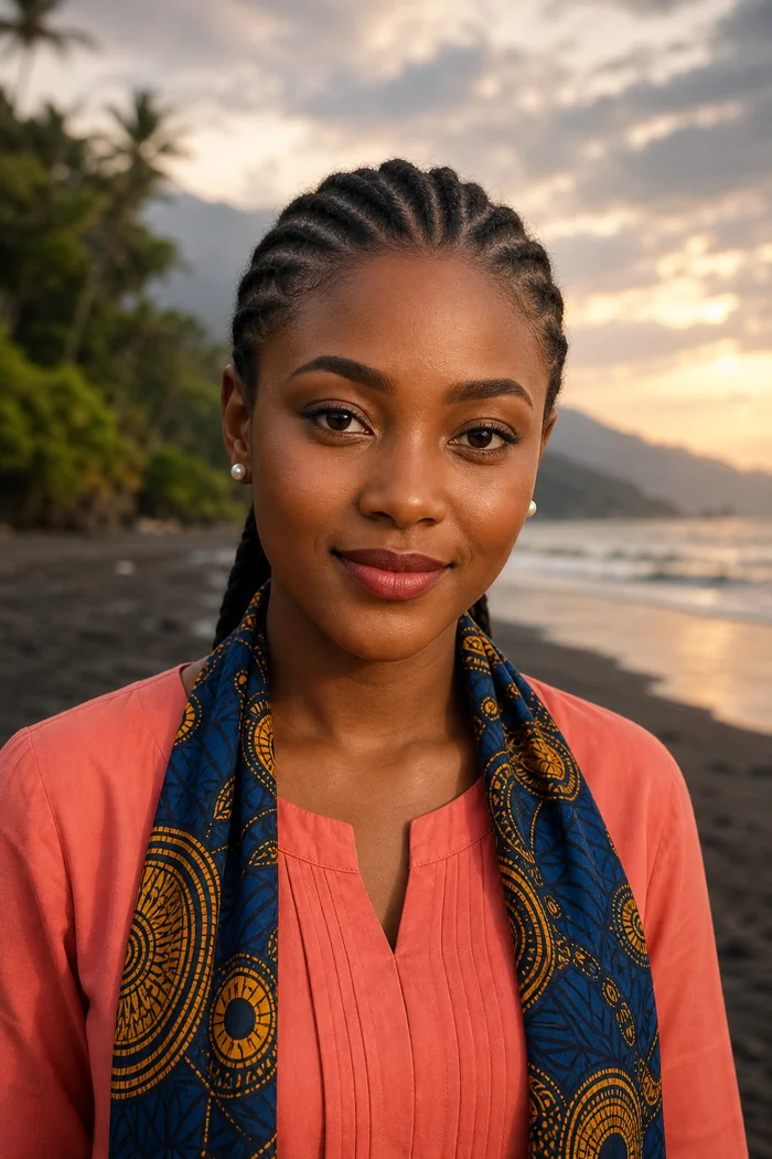 Portrait IA d'une femme fictive aux cornrows, blouse corail et foulard wax bleu sur une plage de Limbe
