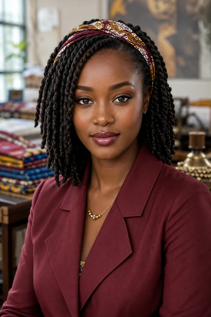 Portrait IA d'une femme fictive aux twists mi-longs, veste bordeaux et bandeau wax dans un atelier de Yaounde