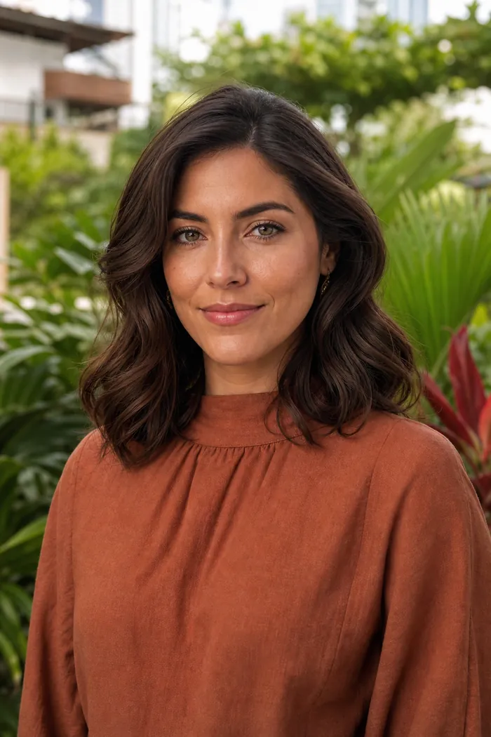 Portrait IA d'une femme fictive aux cheveux bruns ondulés et blouse terracotta dans un jardin urbain