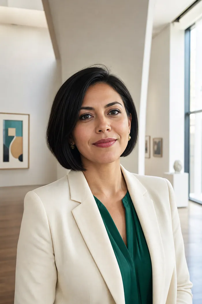 Portrait IA d'une femme fictive au carré noir, blazer ivoire et blouse émeraude dans une galerie