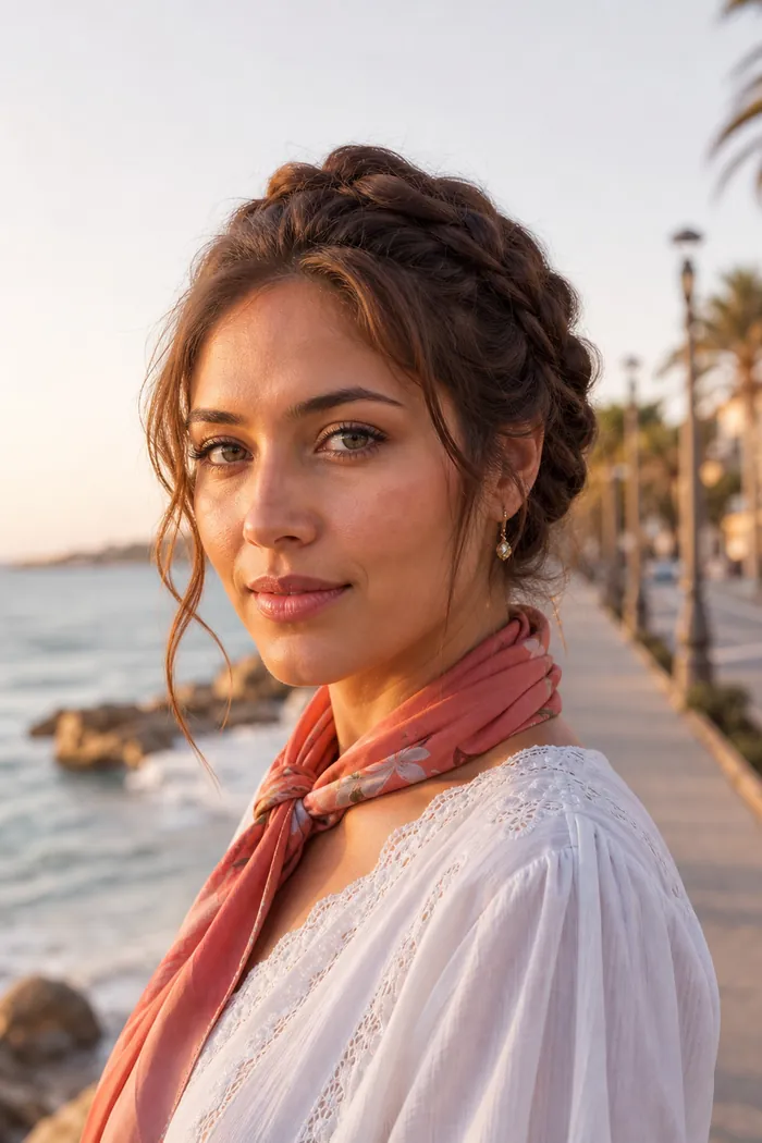 Portrait IA d'une femme fictive au chignon tressé auburn et foulard corail sur une promenade côtière
