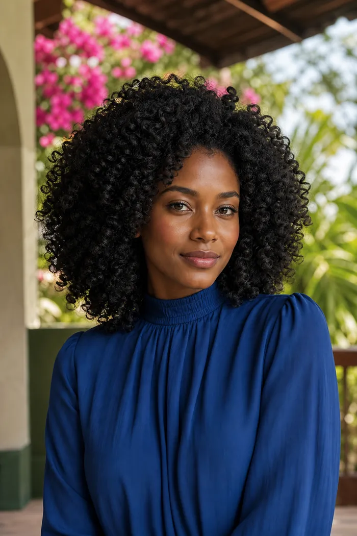 Portrait IA d'une femme fictive aux boucles noires, blouse cobalt et bougainvilliers roses