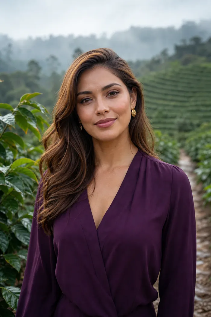 Portrait IA d'une femme fictive aux longues mèches brun miel et blouse prune dans une plantation de café