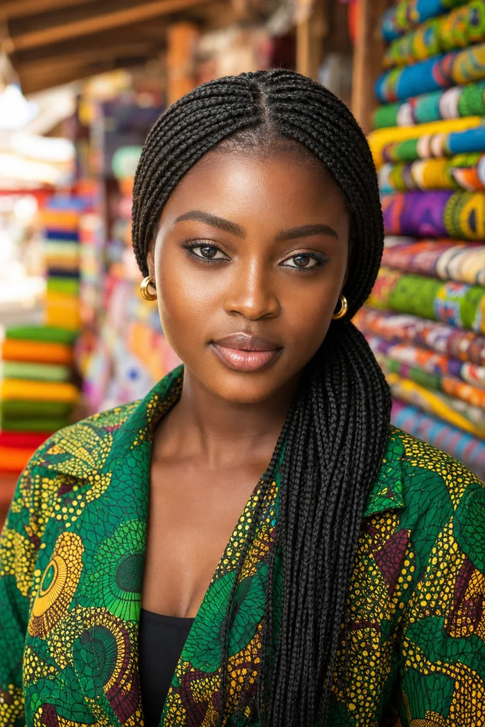 Portrait IA d'une femme fictive aux longues micro-tresses, veste wax verte et rouleaux de tissus a Treichville