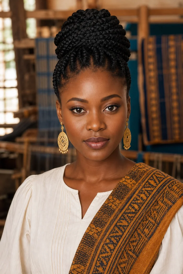 Portrait IA d'une femme fictive avec chignon tresse, blouse ivoire et echarpe baoule ocre dans un atelier de tissage