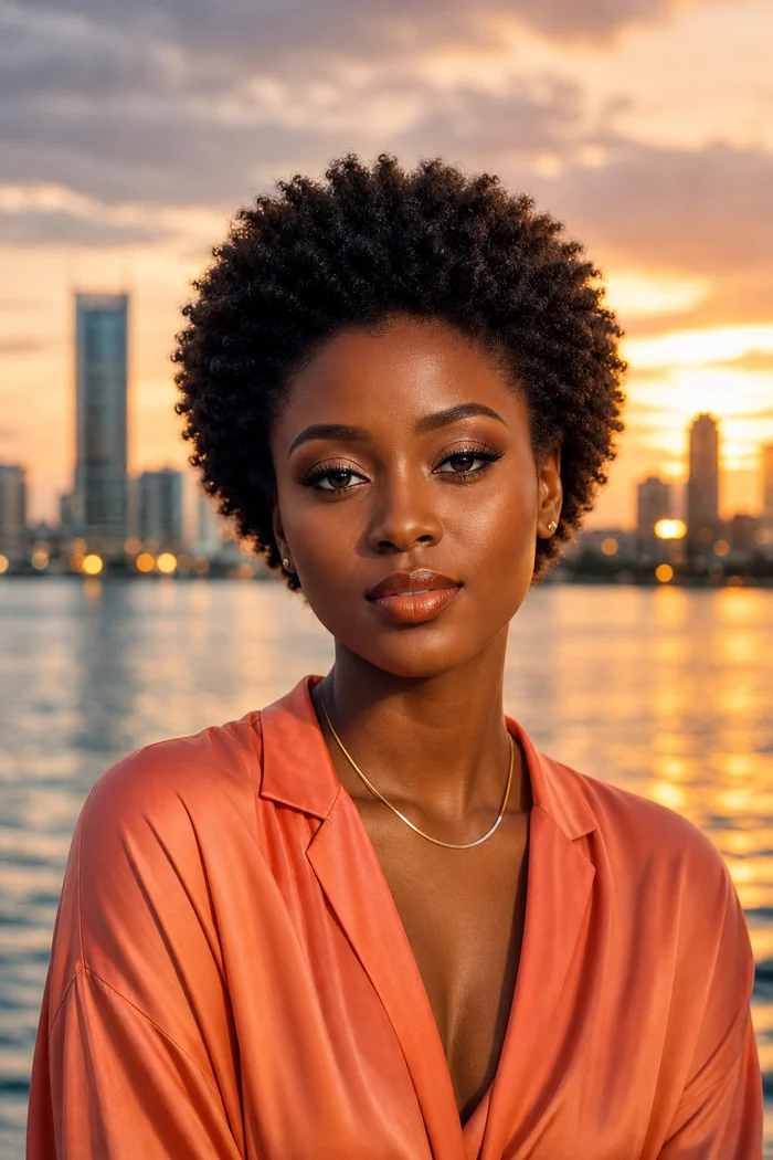 Portrait IA d'une femme fictive aux cheveux afro courts, blouse corail et lagune Ebrie au coucher du soleil