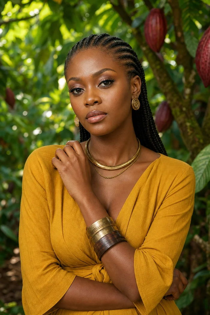 Portrait IA d'une femme fictive avec cornrows, robe jaune moutarde et feuillage de cacaoyere en arriere-plan