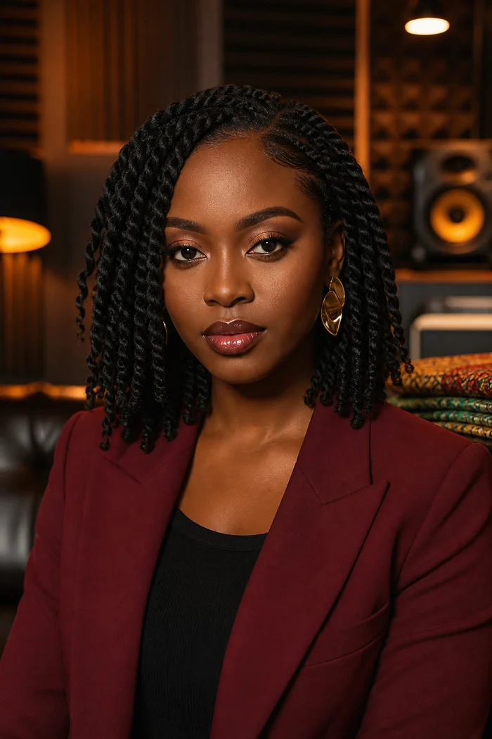 Portrait IA d'une femme fictive aux twists mi-longs, blazer bordeaux et boucles d'or dans un studio musical d'Abidjan