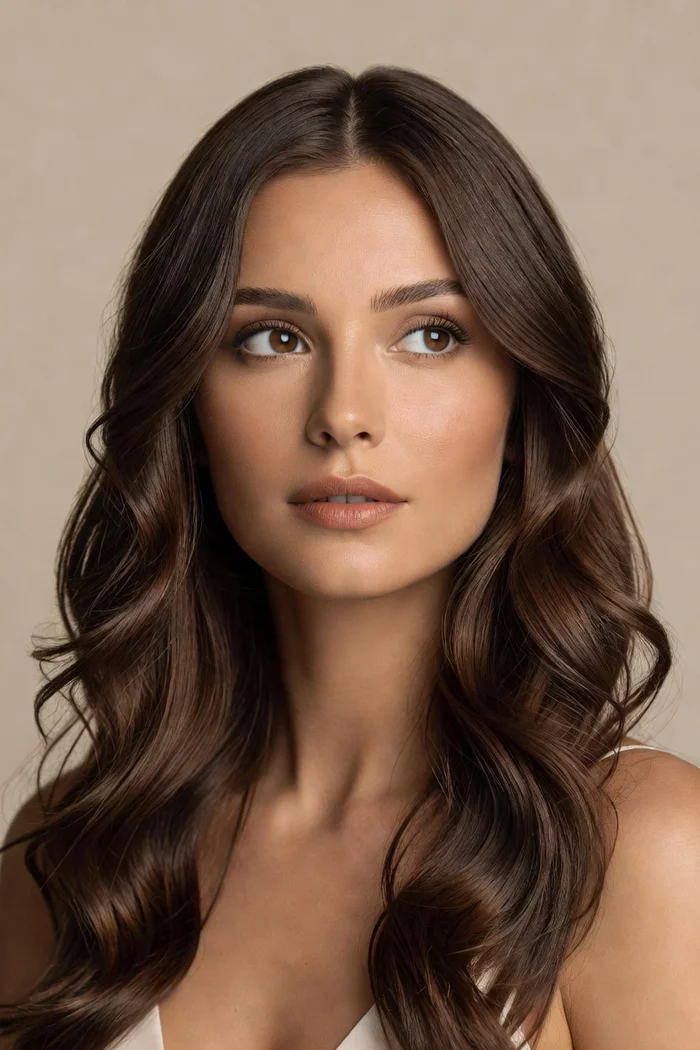 Portrait généré par IA d'une femme aux cheveux châtain foncé ondulés et au débardeur blanc, sur fond beige uni, ne représente pas une personne réelle