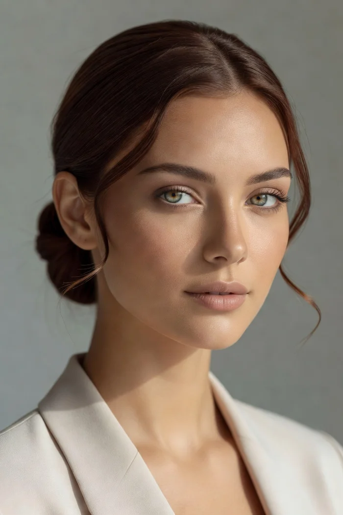 Portrait généré par IA d'une femme aux cheveux auburn en chignon bas et au blazer crème, sur fond gris, ne représente pas une personne réelle