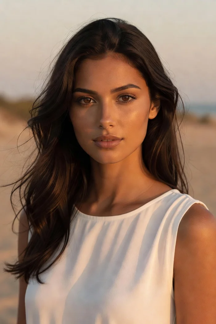 Portrait généré par IA d'une femme aux cheveux bruns ondulés et au haut blanc sans manches, sur une plage au coucher de soleil, ne représente pas une personne réelle