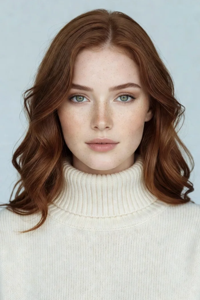 Portrait généré par IA d'une femme rousse aux cheveux ondulés et au visage constellé de taches de rousseur, pull col roulé crème, ne représente pas une personne réelle