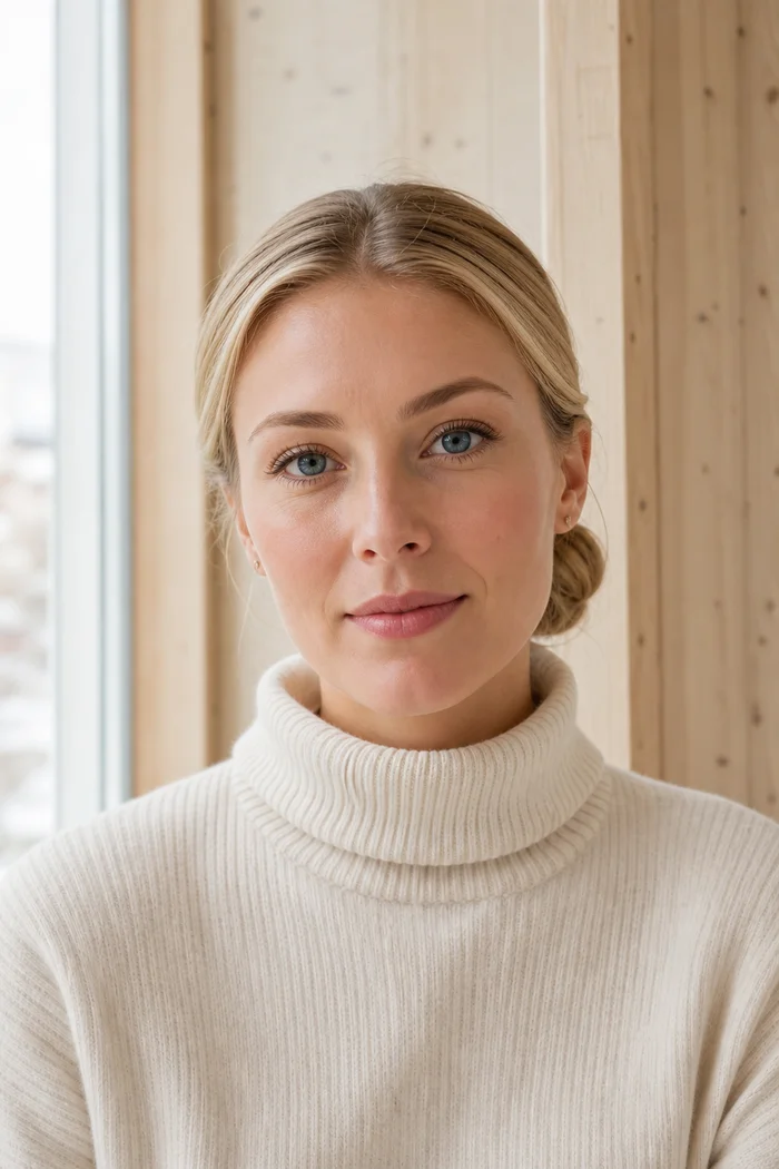 Portrait généré par IA d'une femme blonde au col roulé ivoire devant un intérieur en bois clair, ne représente pas une personne réelle