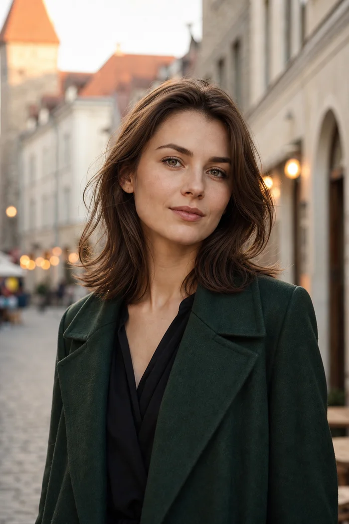 Portrait généré par IA d'une femme châtain en manteau vert sombre dans une rue ancienne de Tallinn, ne représente pas une personne réelle