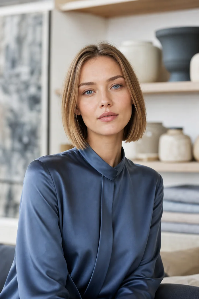Portrait généré par IA d'une femme aux cheveux auburn et blouse bleu nuit dans un café de Tallinn, ne représente pas une personne réelle