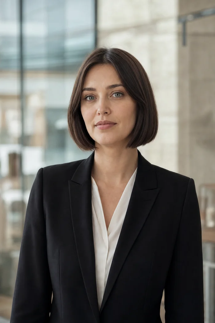 Portrait généré par IA d'une femme au carré brun en blazer noir dans un studio tech lumineux, ne représente pas une personne réelle