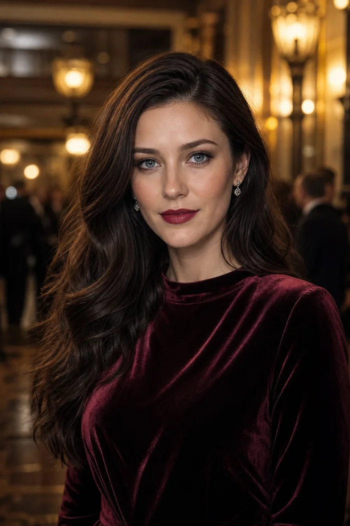 Portrait généré par IA d'une femme brune en robe bordeaux de velours dans un foyer de concert, ne représente pas une personne réelle