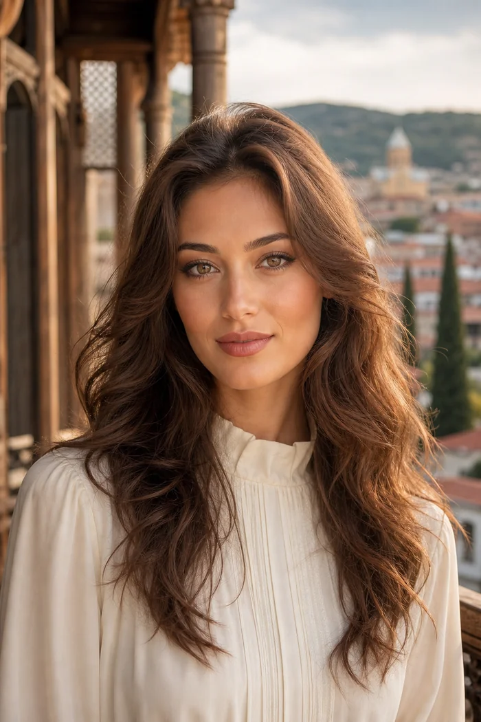 Portrait genere par IA d'une femme aux cheveux chatain ondules en blouse ivoire devant un balcon de Tbilissi, ne represente pas une personne reelle