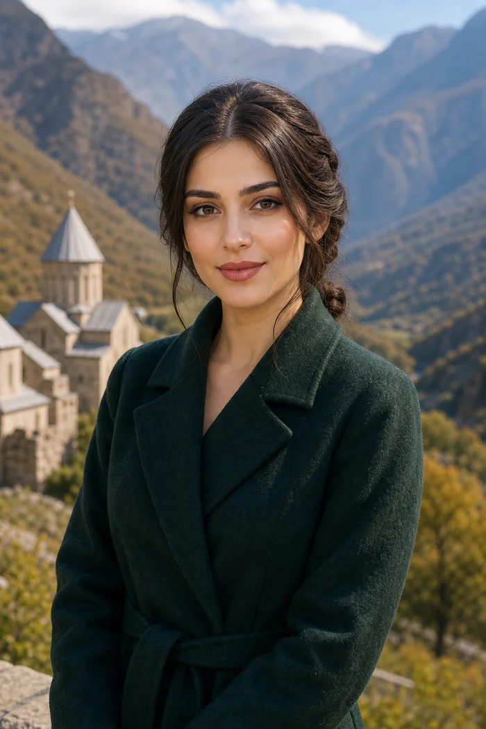 Portrait genere par IA d'une femme brune en manteau vert devant montagnes caucasiennes et monastere de pierre, ne represente pas une personne reelle