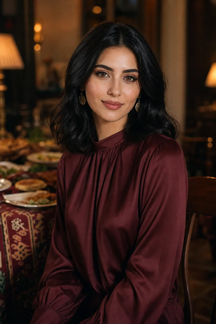 Portrait genere par IA d'une femme aux cheveux noirs en blouse bordeaux dans un interieur georgien chaleureux, ne represente pas une personne reelle