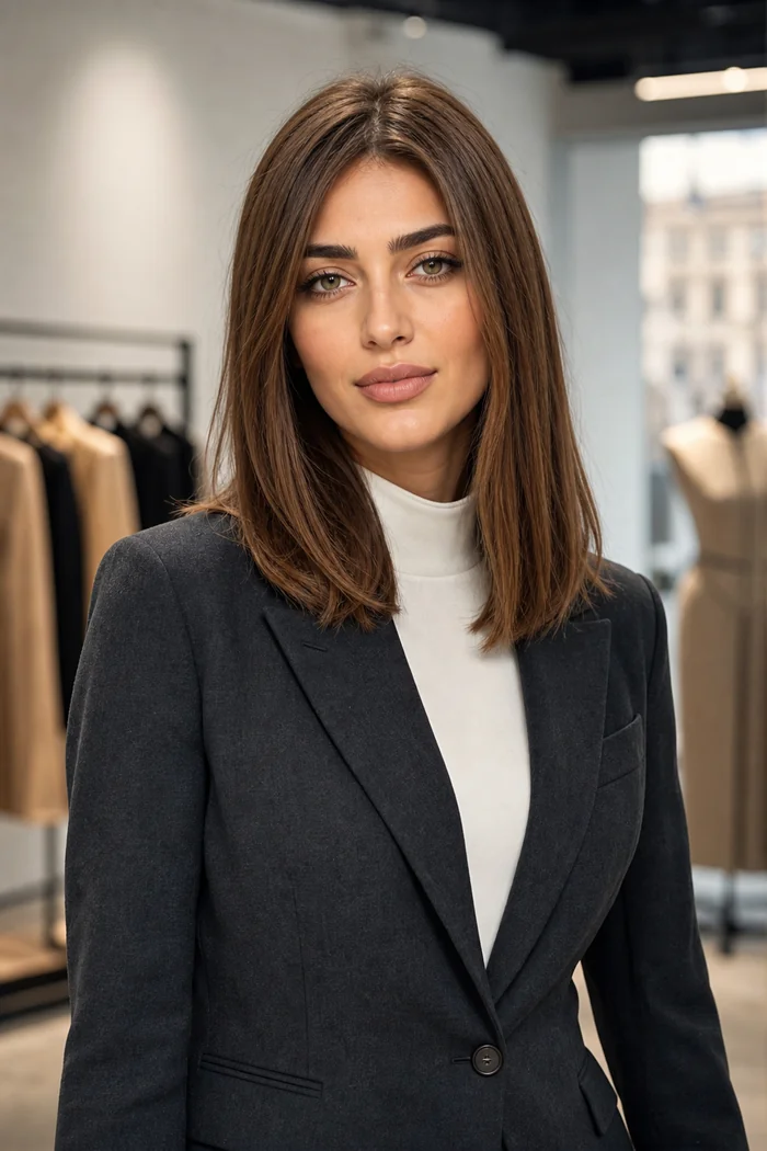 Portrait genere par IA d'une femme au carre chatain en blazer gris dans un studio mode de Tbilissi, ne represente pas une personne reelle