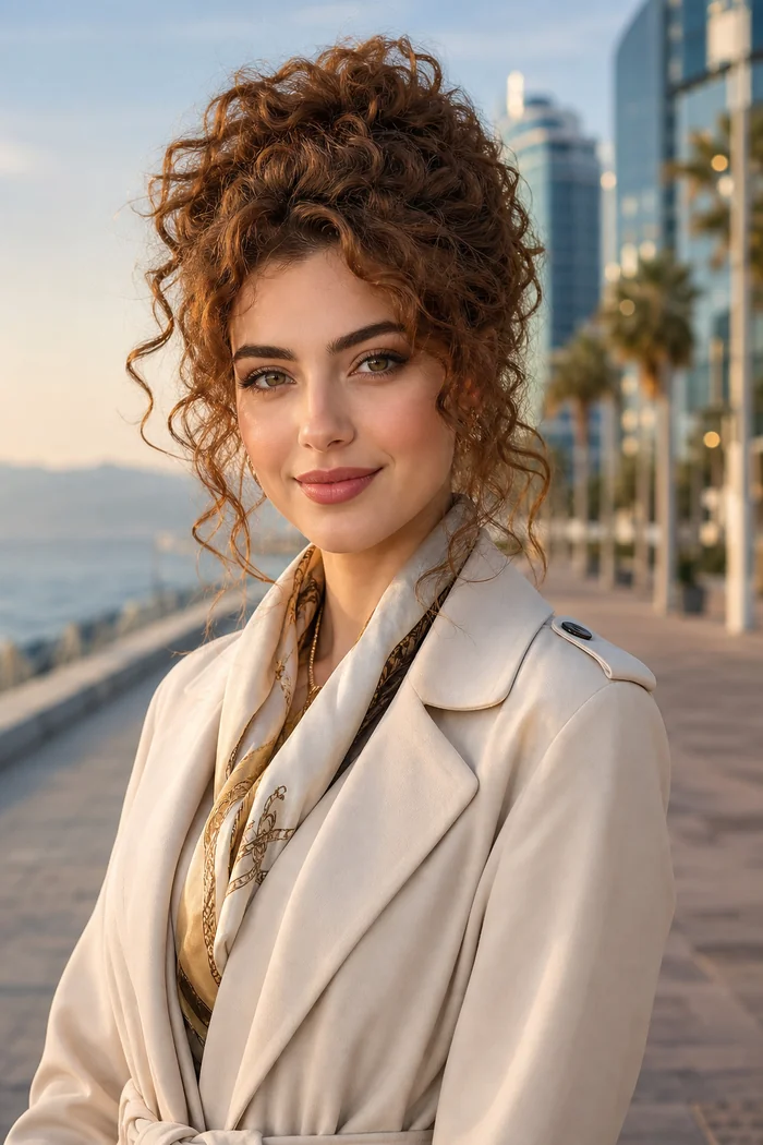 Portrait genere par IA d'une femme aux cheveux auburn boucles en trench creme sur la promenade de Batumi, ne represente pas une personne reelle