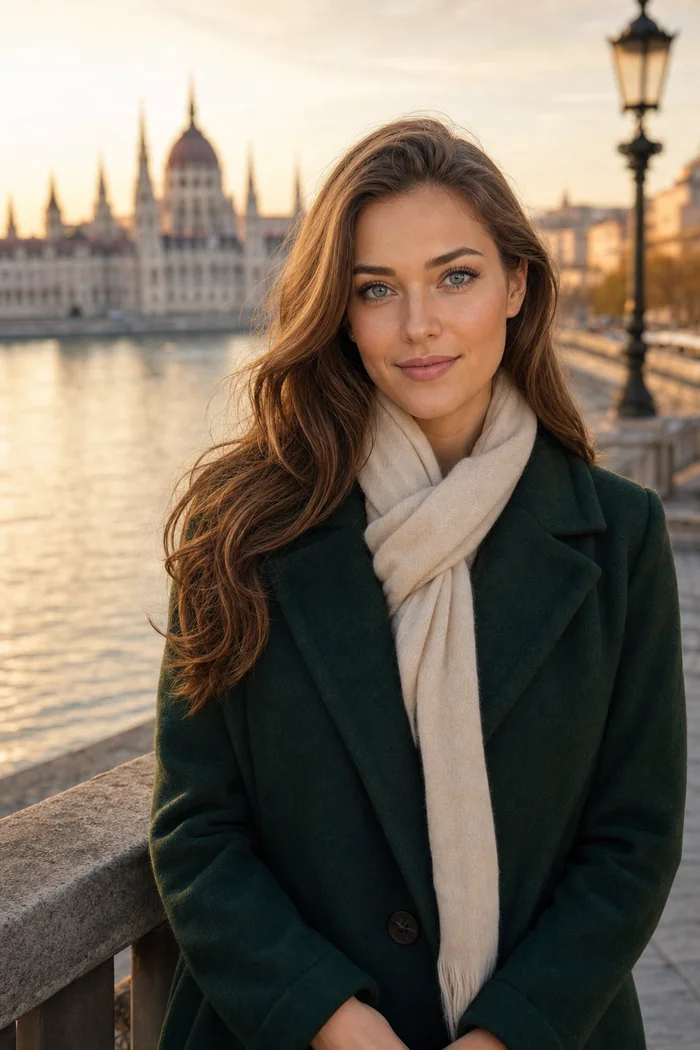 Portrait généré par IA d'une femme brune au chignon bas, blouse ivoire et blazer noir dans un café de Budapest, ne représente pas une personne réelle