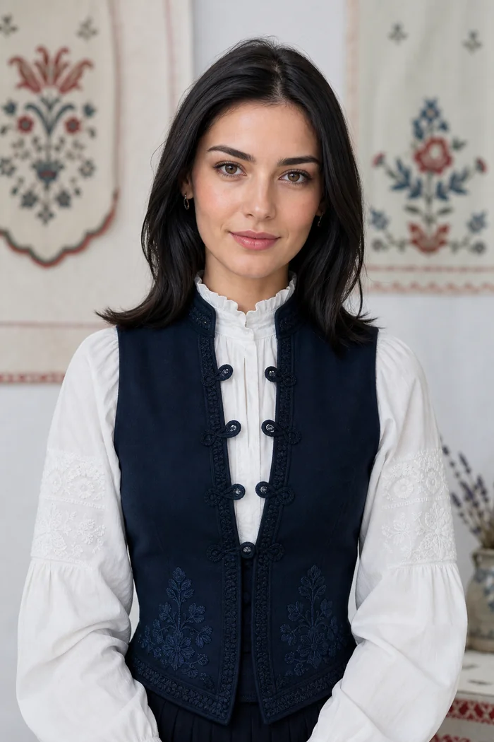 Portrait généré par IA d'une femme auburn en blouse satin bordeaux et veste noire dans un foyer de théâtre doré, ne représente pas une personne réelle