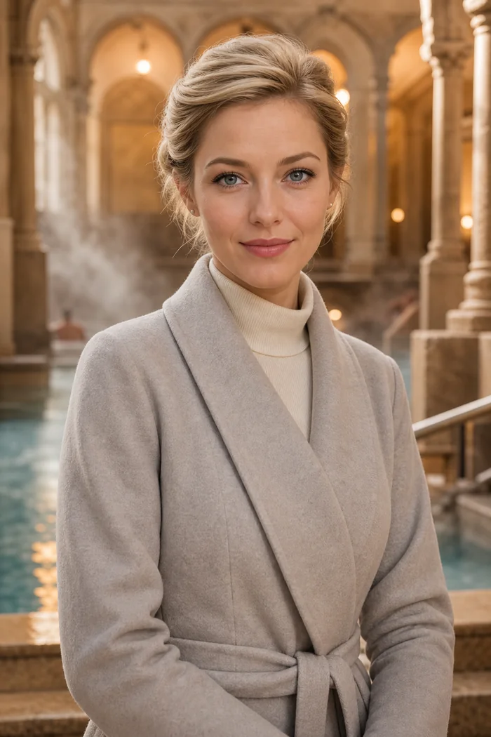 Portrait généré par IA d'une femme aux cheveux noirs dans un veston bleu et blouse blanche devant un textile brodé, ne représente pas une personne réelle