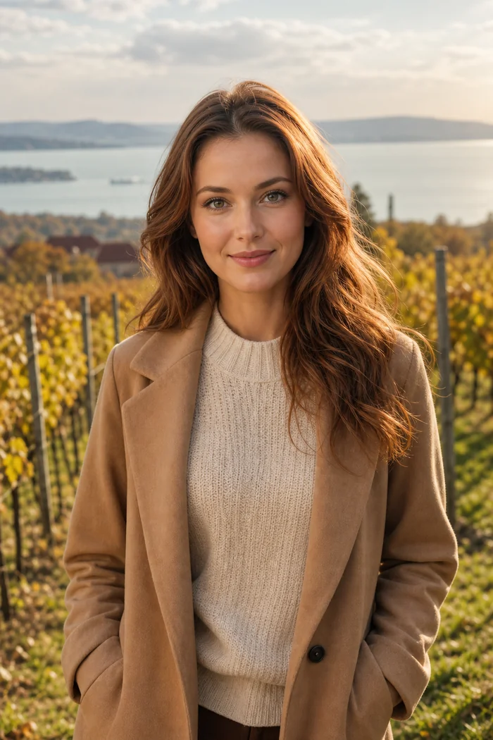 Portrait généré par IA d'une femme aux cheveux cuivre en manteau camel et pull crème devant un vignoble du Balaton, ne représente pas une personne réelle