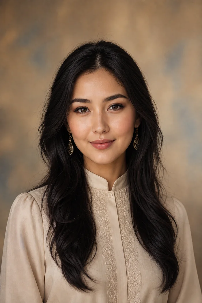 Portrait généré par IA d'une femme aux cheveux noirs ondulés et à la tunique beige brodée, sur fond doré patiné, ne représente pas une personne réelle