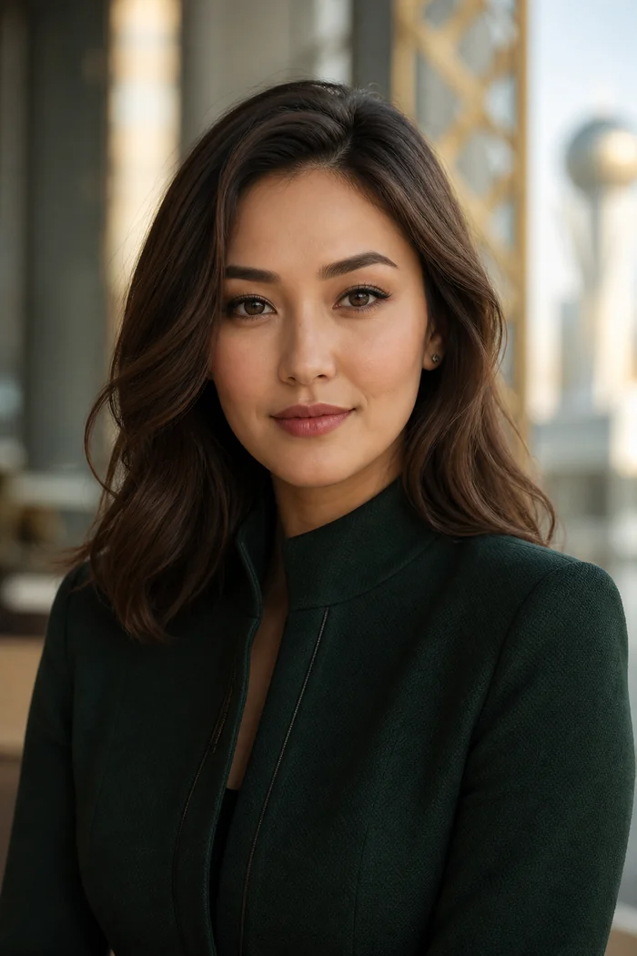 Portrait généré par IA d'une femme aux cheveux bruns mi-longs et au blazer vert foncé, devant l'architecture moderne d'Astana floutée, ne représente pas une personne réelle