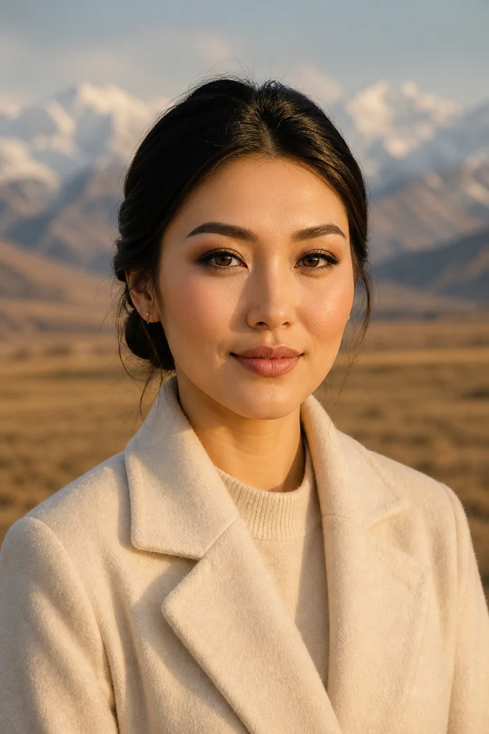 Portrait généré par IA d'une femme aux cheveux tirés en arrière et au manteau beige, devant la steppe et des montagnes enneigées, ne représente pas une personne réelle