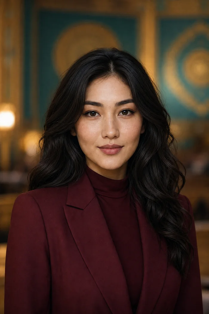 Portrait généré par IA d'une femme aux cheveux ondulés lâchés et au blazer bordeaux, devant un décor doré et turquoise, ne représente pas une personne réelle