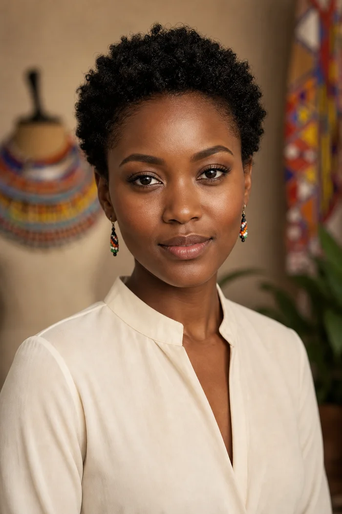 Portrait généré par IA d'une femme fictive aux courts cheveux naturels, blouse ivoire et boucles perlées colorées, ne représente pas une personne réelle