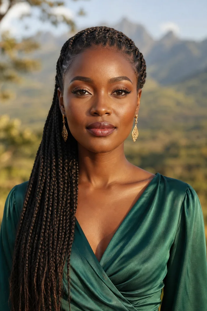 Portrait généré par IA d'une femme fictive aux longues tresses, robe verte et montagne floutée en arrière-plan, ne représente pas une personne réelle