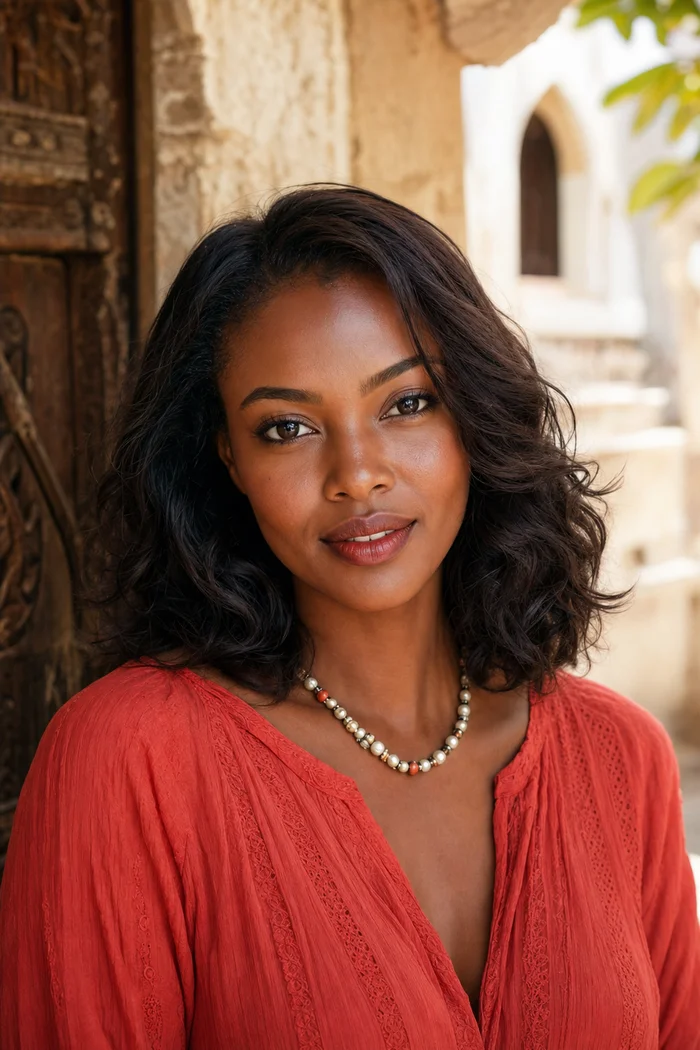 Portrait généré par IA d'une femme fictive aux cheveux noirs ondulés, blouse corail et collier perlé devant une porte swahilie, ne représente pas une personne réelle