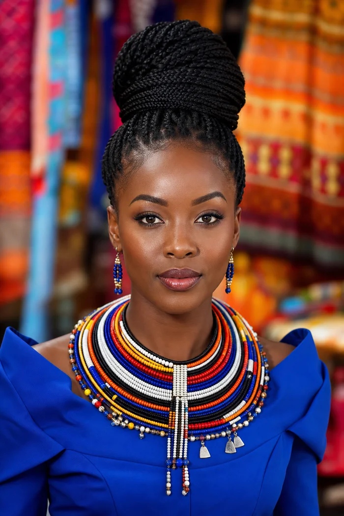 Portrait généré par IA d'une femme fictive au chignon tressé haut, haut bleu cobalt et collier perlé coloré devant des tissus de marché, ne représente pas une personne réelle