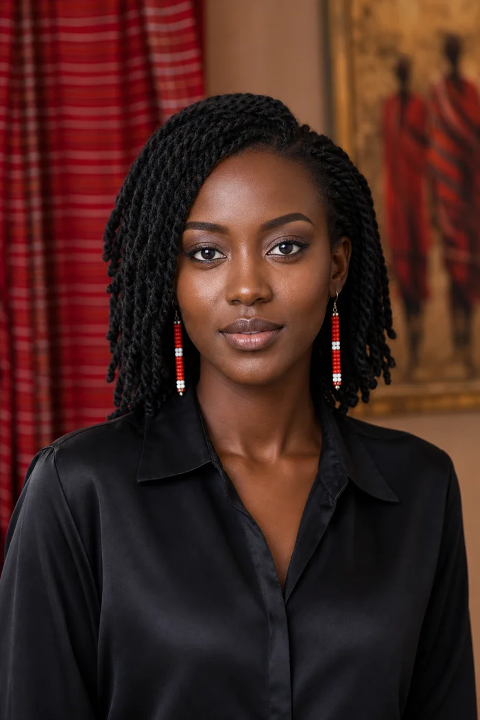 Portrait généré par IA d'une femme fictive aux longues tresses noires, blouse satin noire et boucles rouges devant un tissu shuka, ne représente pas une personne réelle