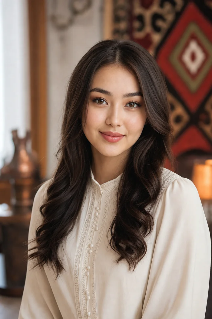 Portrait généré par IA d'une femme aux cheveux ondulés lâchés et au chemisier crème brodé, devant un tapis traditionnel rouge et vert, ne représente pas une personne réelle