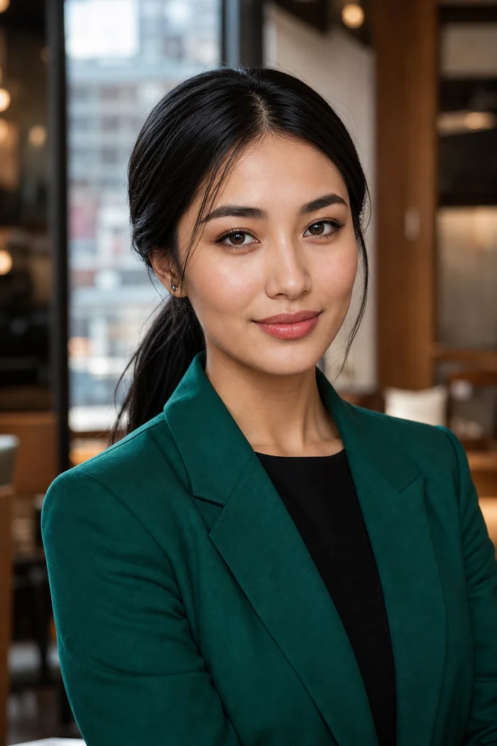 Portrait généré par IA d'une femme aux cheveux coiffés en arrière et au blazer vert émeraude, sur fond urbain flouté, ne représente pas une personne réelle