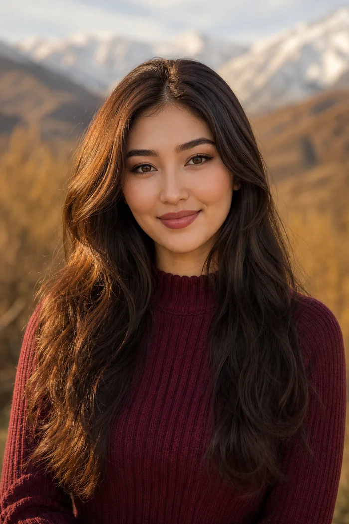 Portrait généré par IA d'une femme aux cheveux longs ondulés et au pull bordeaux, devant des montagnes enneigées du Tian Chan, ne représente pas une personne réelle
