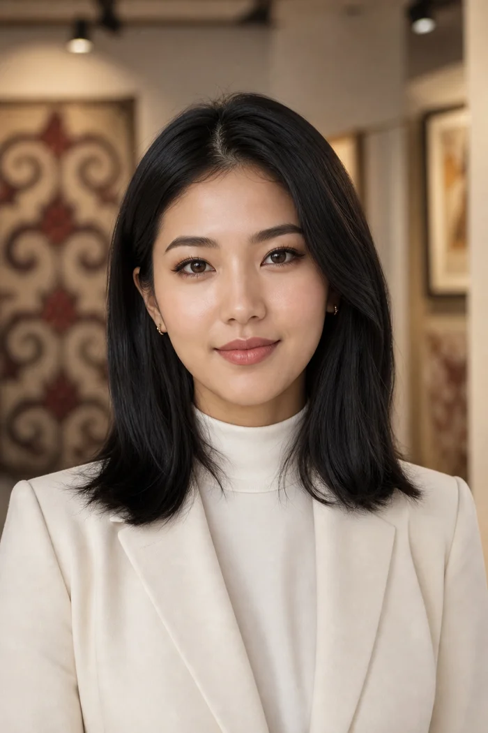 Portrait généré par IA d'une femme au carré mi-long lisse et au blazer crème, devant des motifs muraux traditionnels, ne représente pas une personne réelle