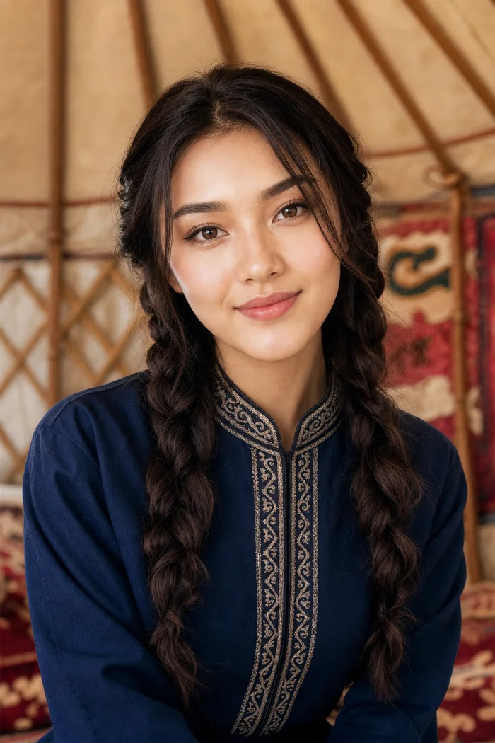 Portrait généré par IA d'une femme aux cheveux tressés en deux nattes et à la robe traditionnelle bleu marine brodée, à l'intérieur d'une yourte, ne représente pas une personne réelle