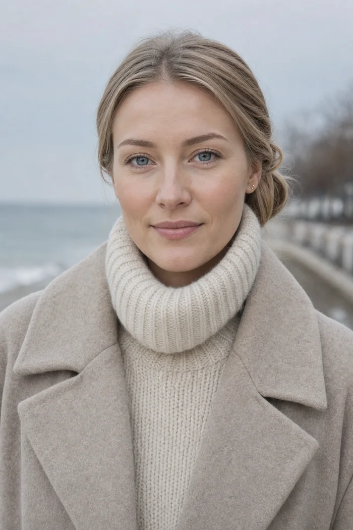Portrait généré par IA d'une femme blonde au chignon bas, manteau gris et col roulé ivoire au bord de la mer Baltique, ne représente pas une personne réelle